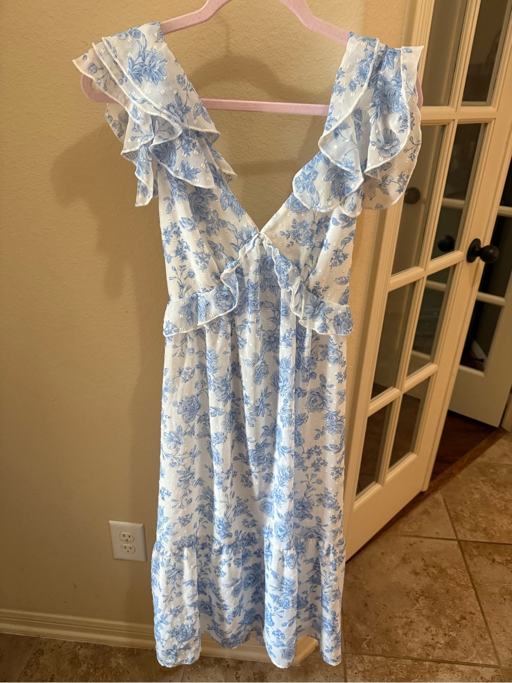 Altar'd State Blue & White Ruffle Floral Midi Dress